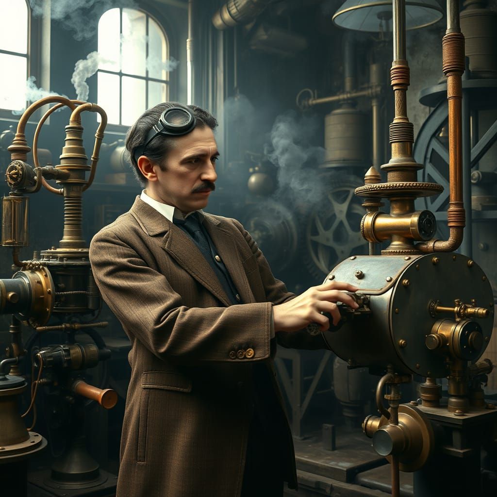 Victorian-Era Inventor Tinkers with Steam-Powered Machine in...