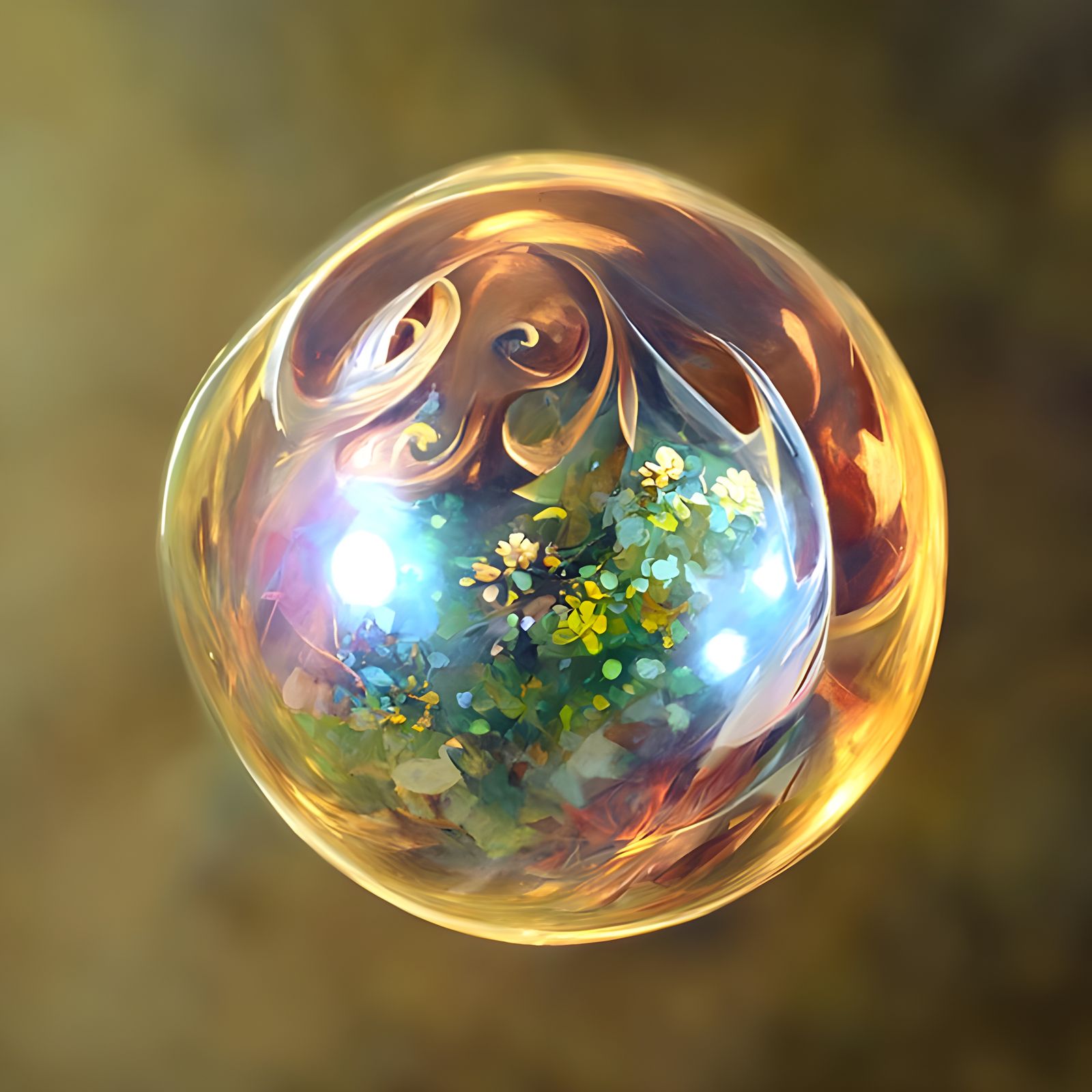 Glimmering Tan Energy Bubble with Golden Floral Patterns