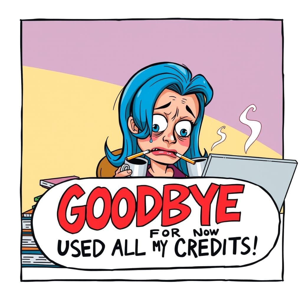 Surreal Cartoon Woman Seated at Laptop in Despair