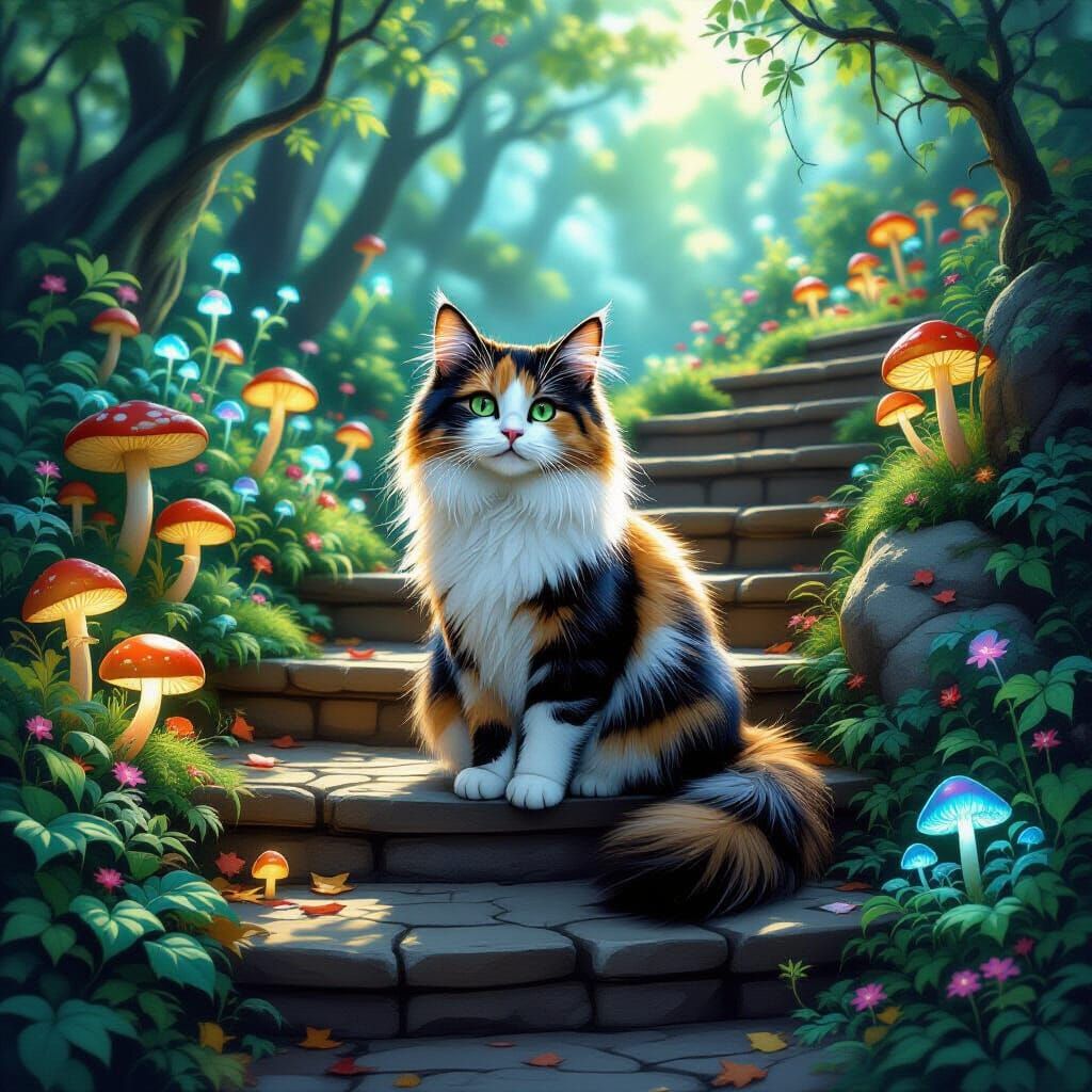Calico Cat in Bioluminescent Forest, Painterly Style