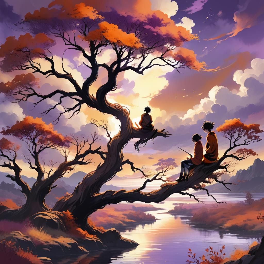 Romantic Anime Scene with Figures on Tree Branch