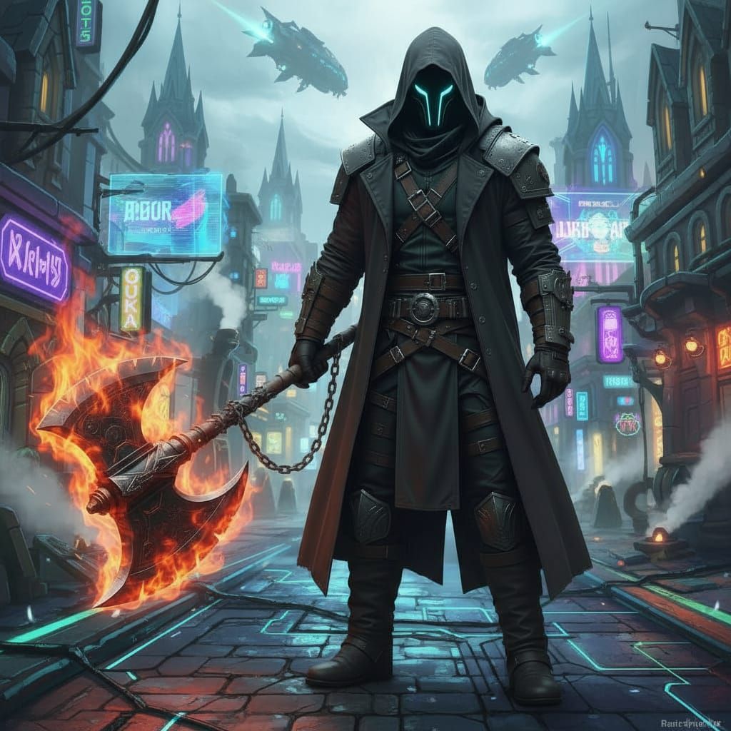 Cyberpunk Warcraft Axe in a Single Hand