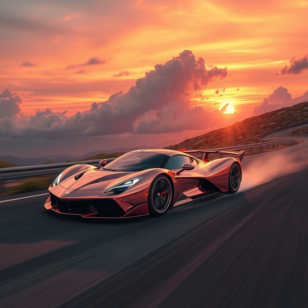 Hyperrealistic Rose Gold Supercar Speeds Through Epic Sunset