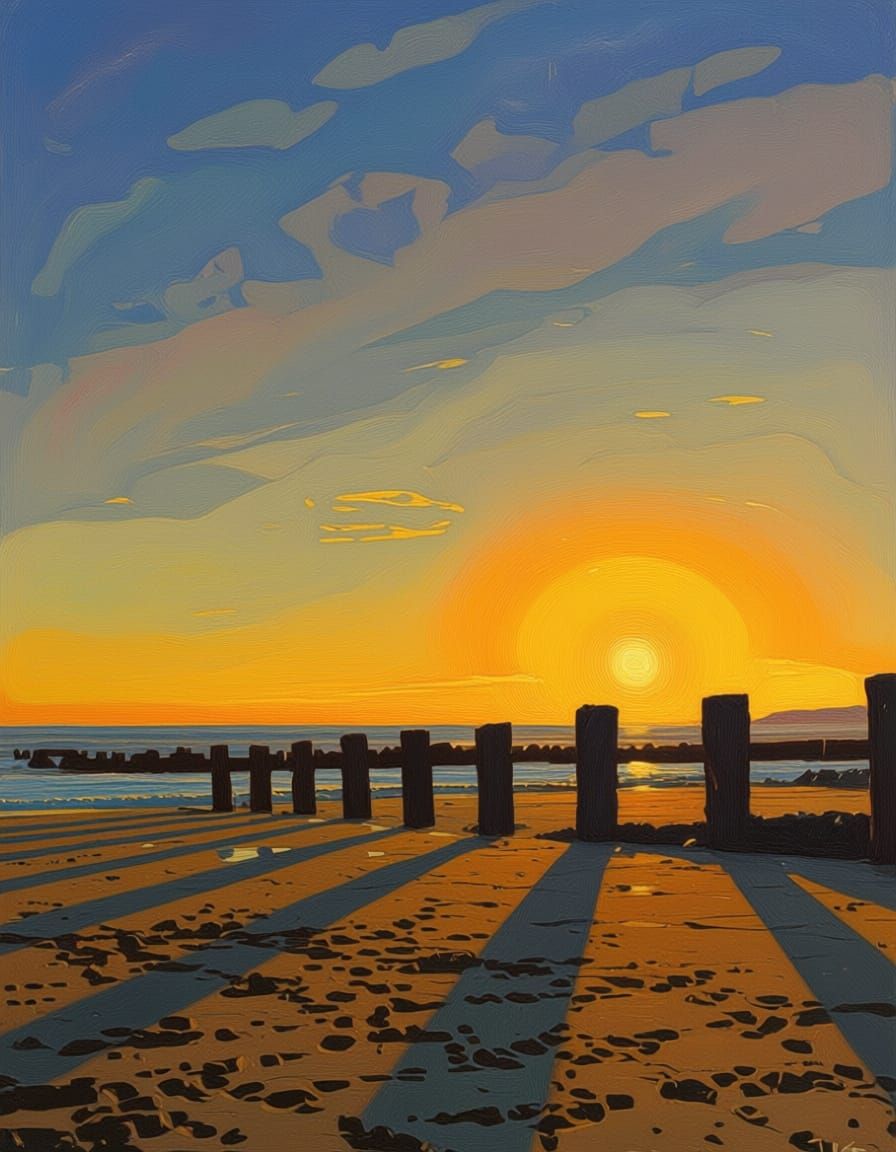 Watercolour Coastal Sunset with Golden Light and Groynes
