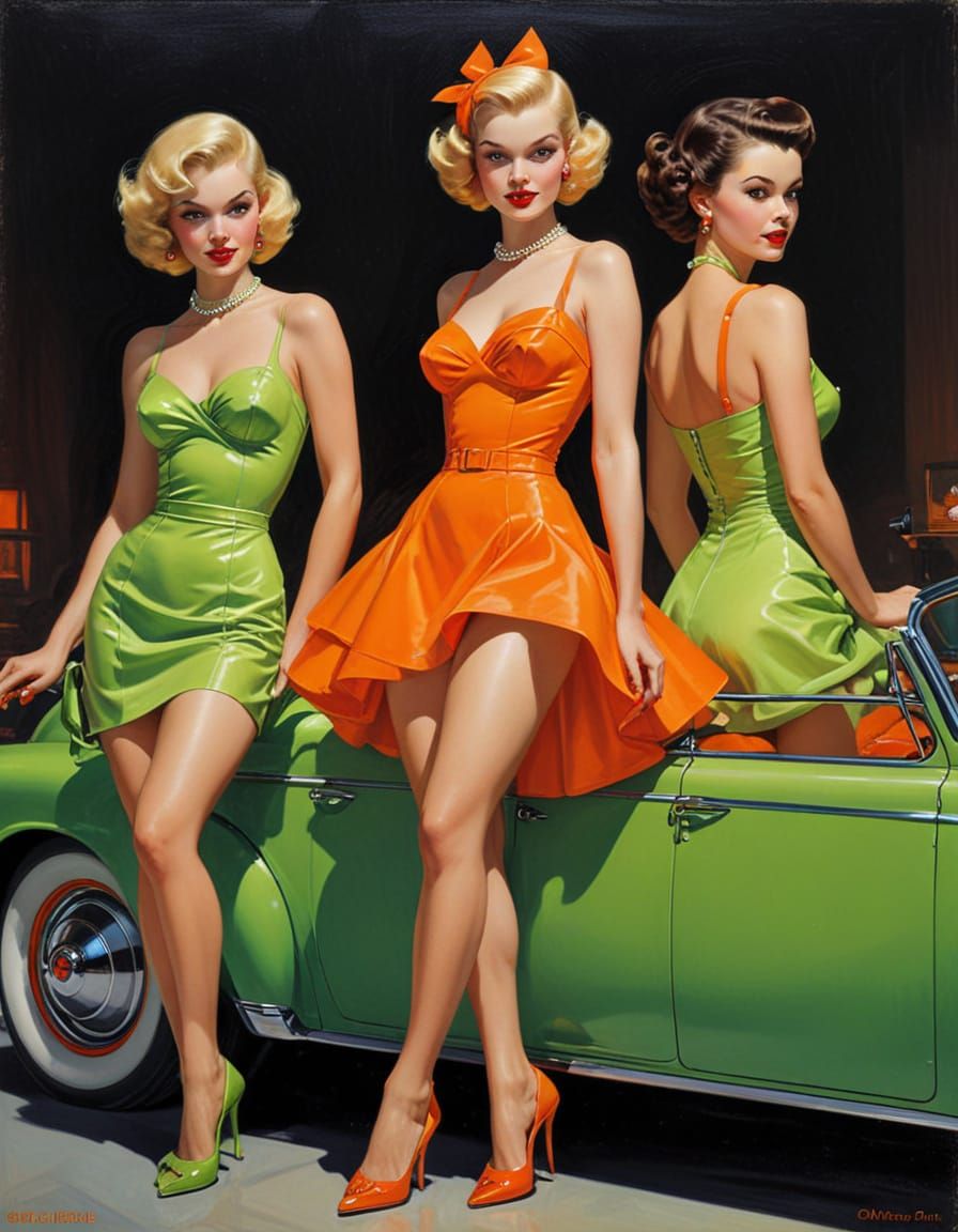 Vibrant Neon Pin-Up Art in Green and Orange