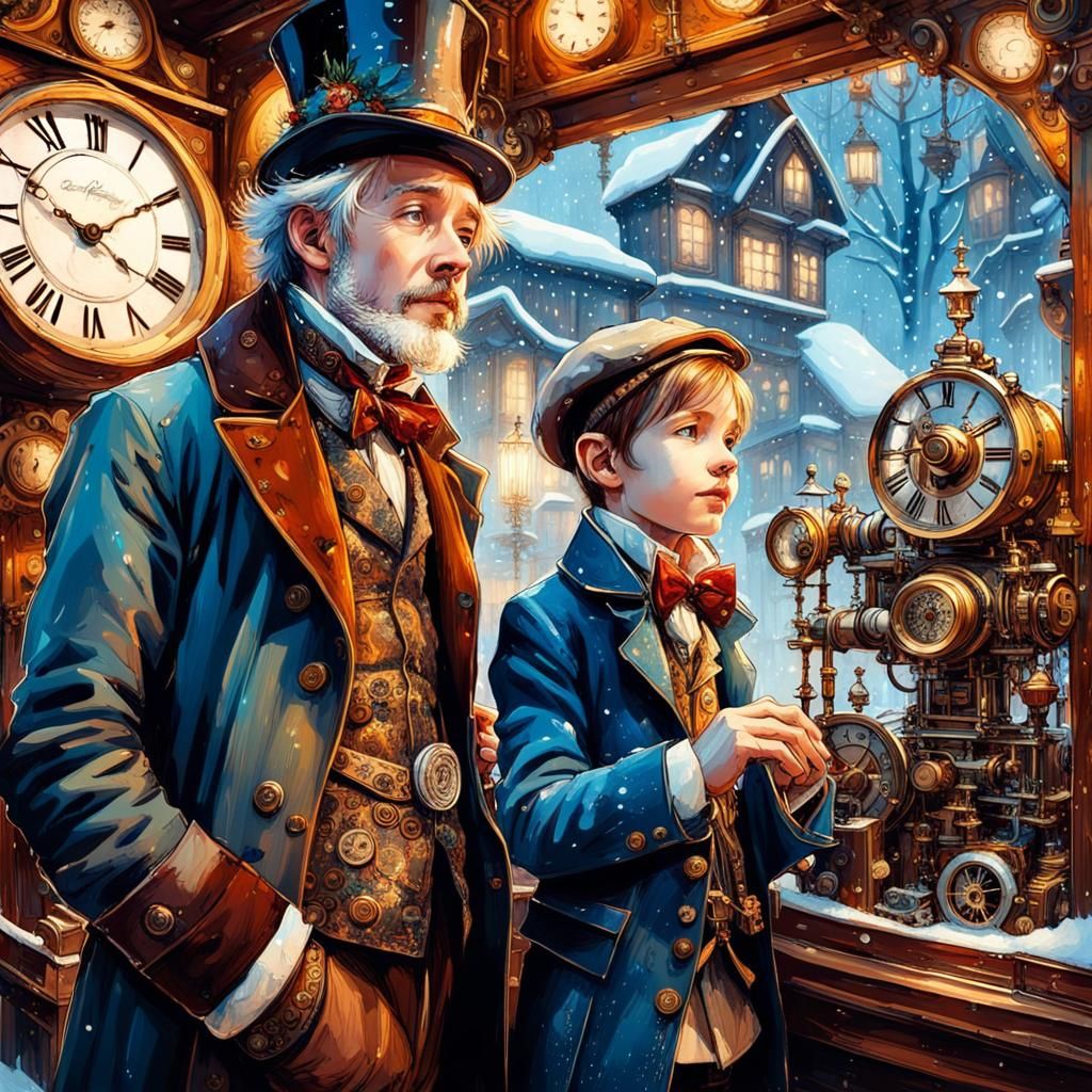 Steampunk Christmas Market Scene with Geppetto and Pinocchio