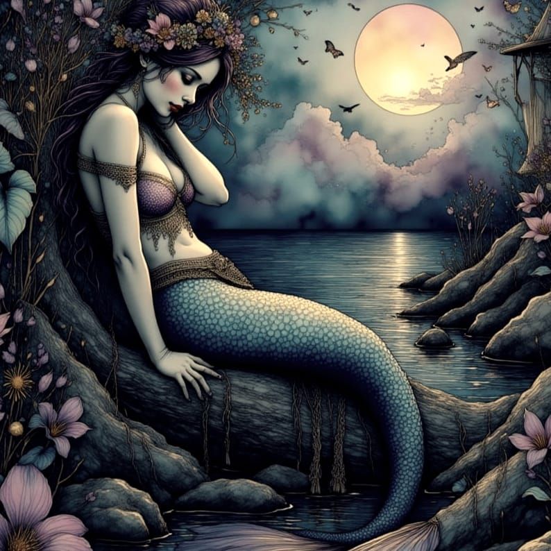 Art Nouveau Mermaid Lounging on Beach in Moonlight