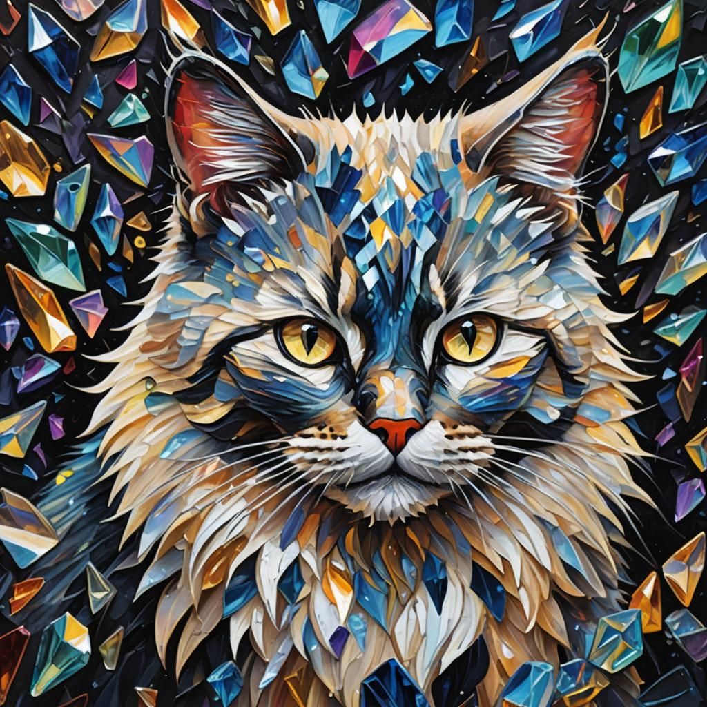 Crystalline Cat Gleaming with Light as Impasto Painting