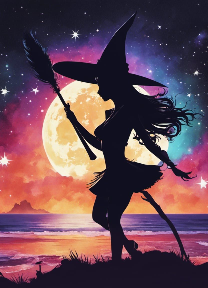 Cosmic Pin-Up Witch Silhouette on Moonlit Beach