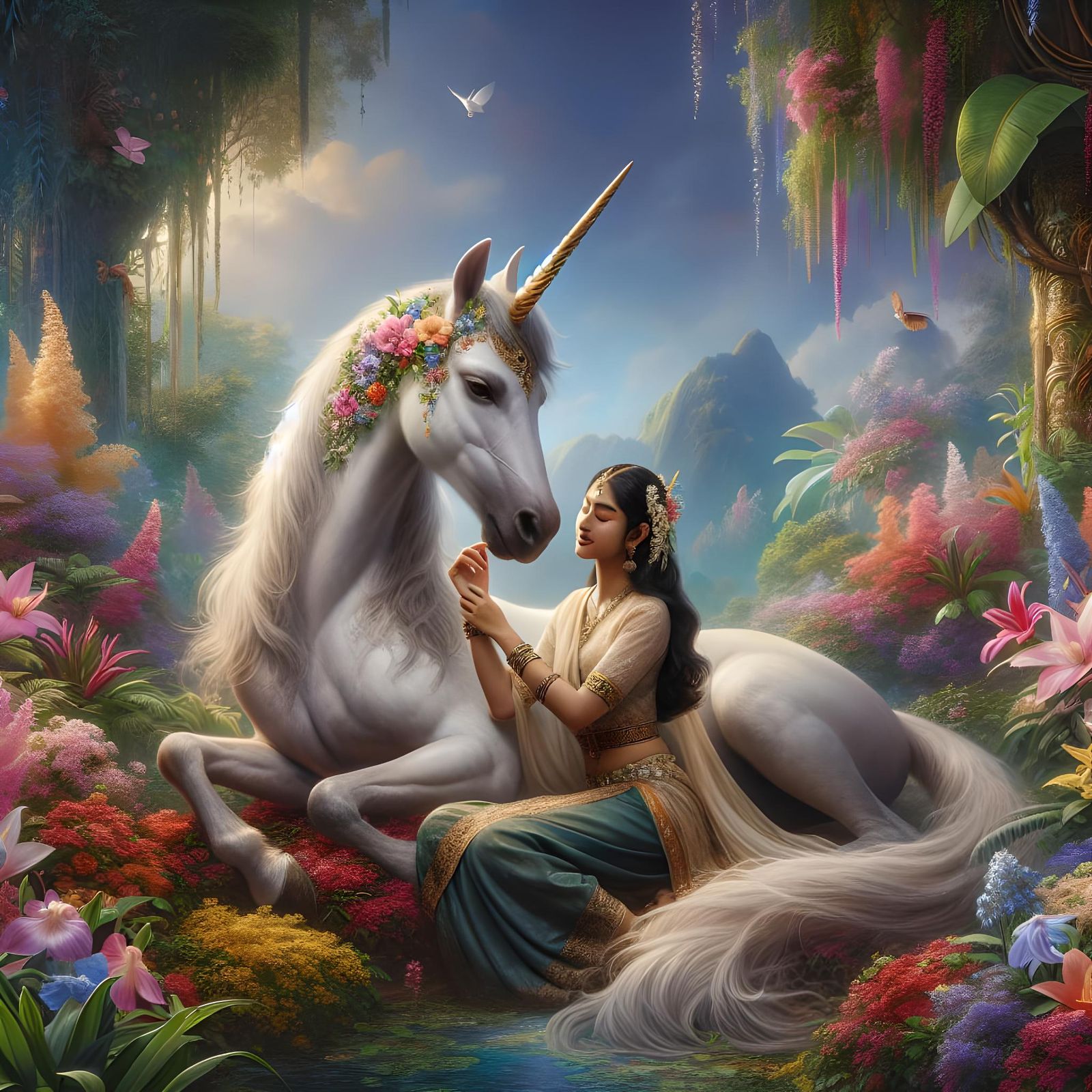 Unicorn and Woman Embrace in Magical Landscape