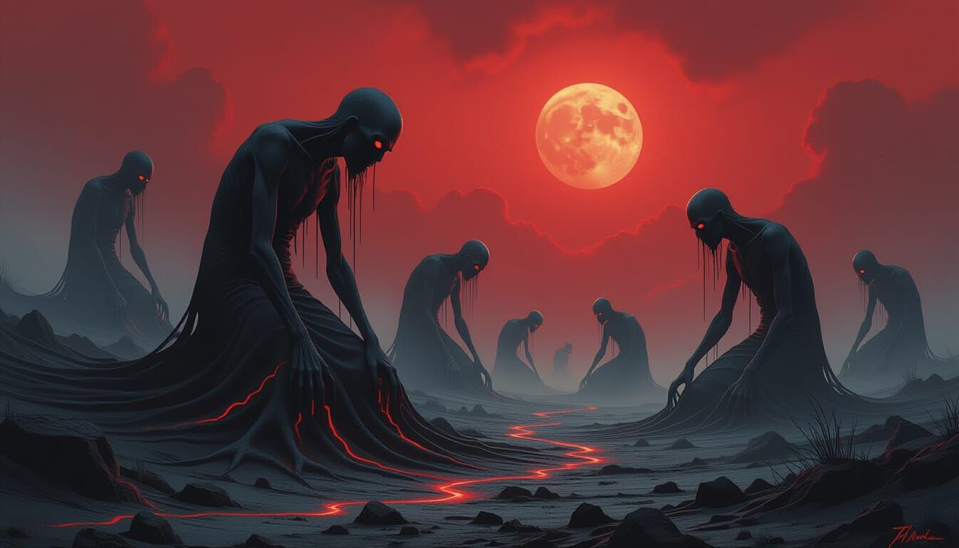 Ethereal Figures in Cosmic Dread Landscape