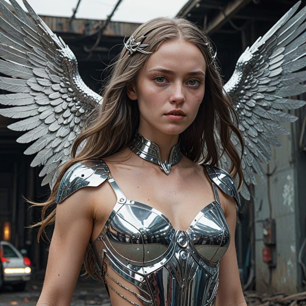 Cybernetic Goddess with Chrome Skin and Wings, Holding a Mic...