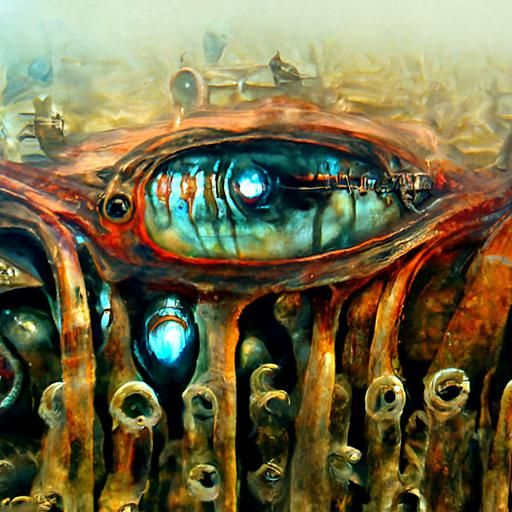Bloody Eyes in Poisoned Sea: Steampunk Oil Painting