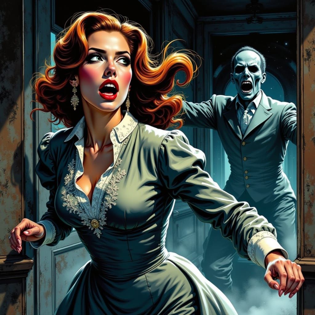 Fleeing Victorian Woman from Ghostly Specter in Pulp Magazin...