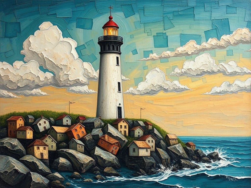 Surreal Lighthouse in Mixed Media Impasto Style