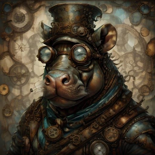 Steampunk Hippo in Brass Armor with Goggles
