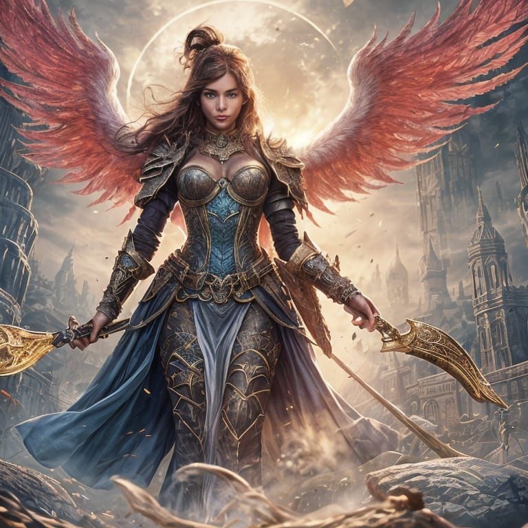 Rock Fantasy Angel Ascending in Vibrant, Dreamlike Landscape