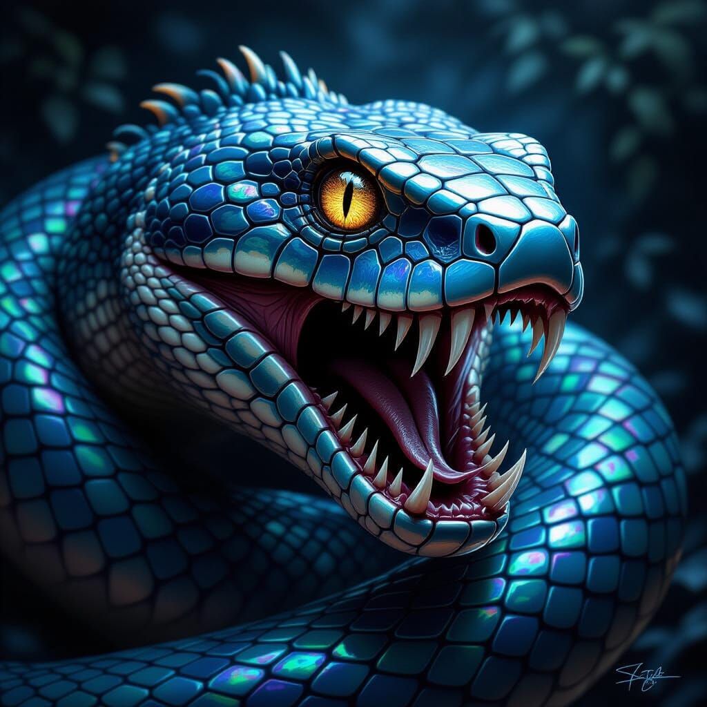Hyperrealistic Serpent with Human Eyes and Teeth