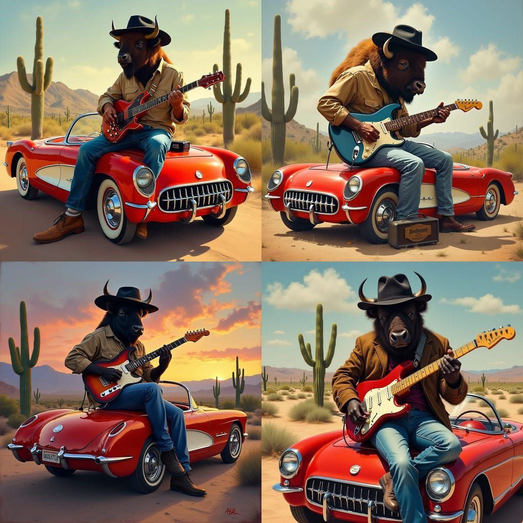 Bison Rockstar Plays Guitar on Corvette in Desert Oil Painti...