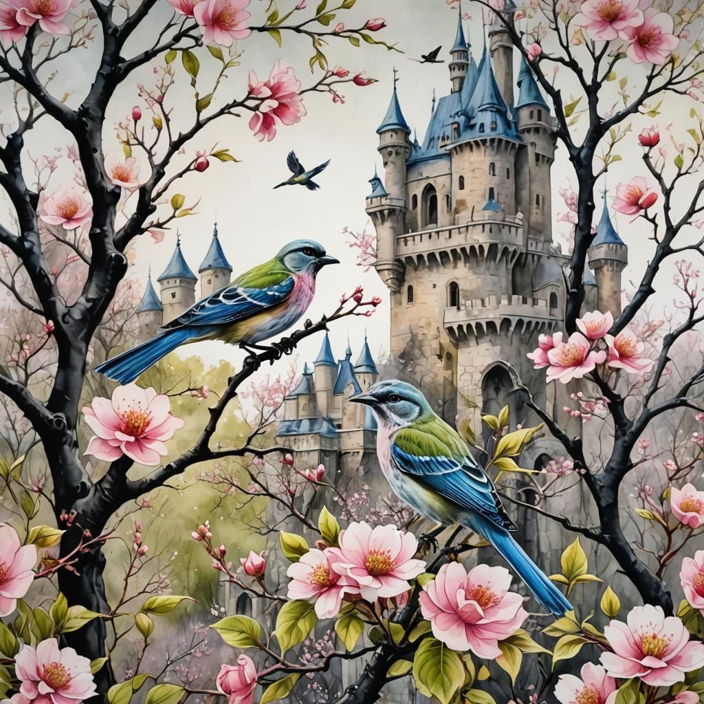 Detailed Garden Drawing with Birds in Watercolor