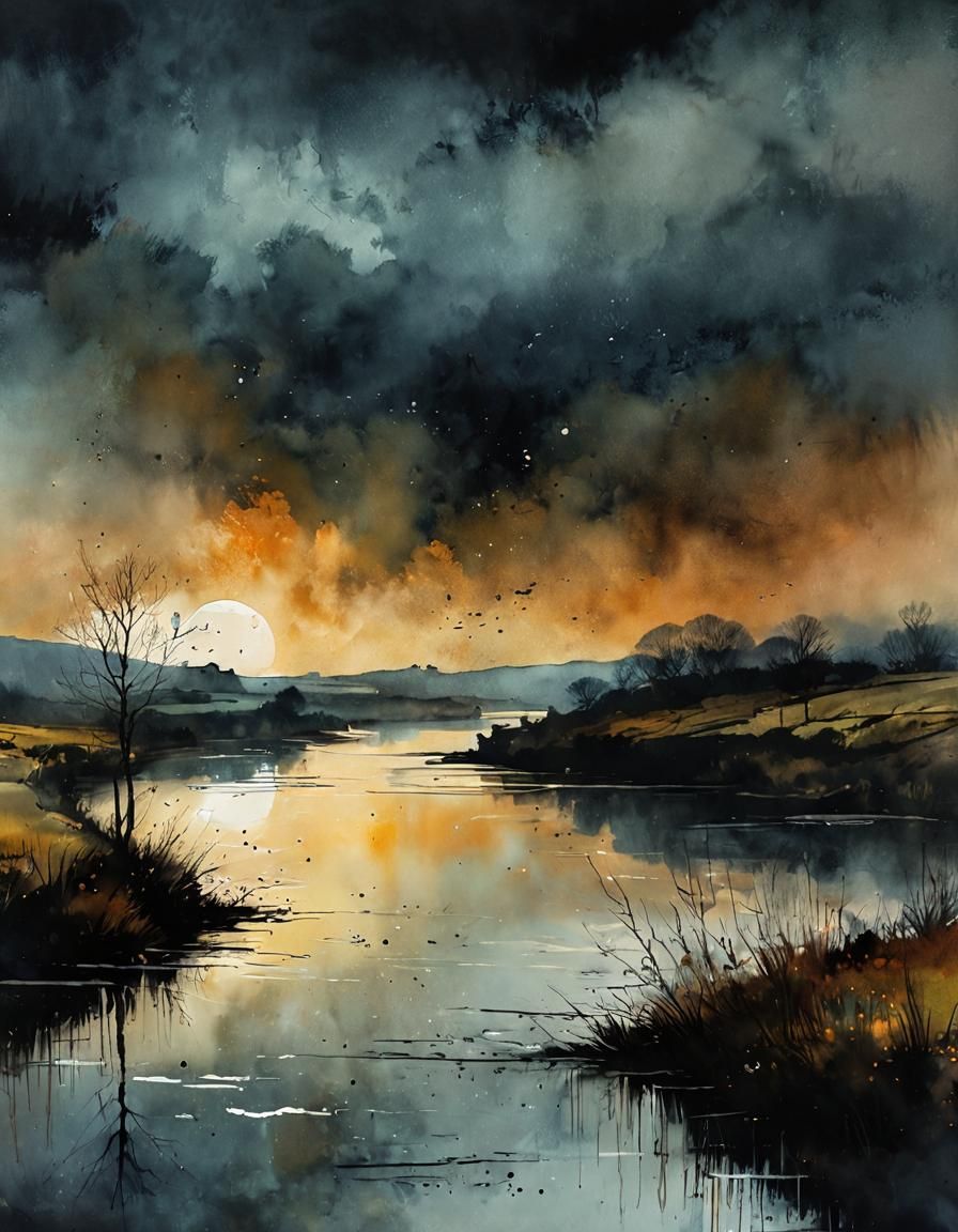 Twilight River: Watercolour Painting in Chiaroscuro Style