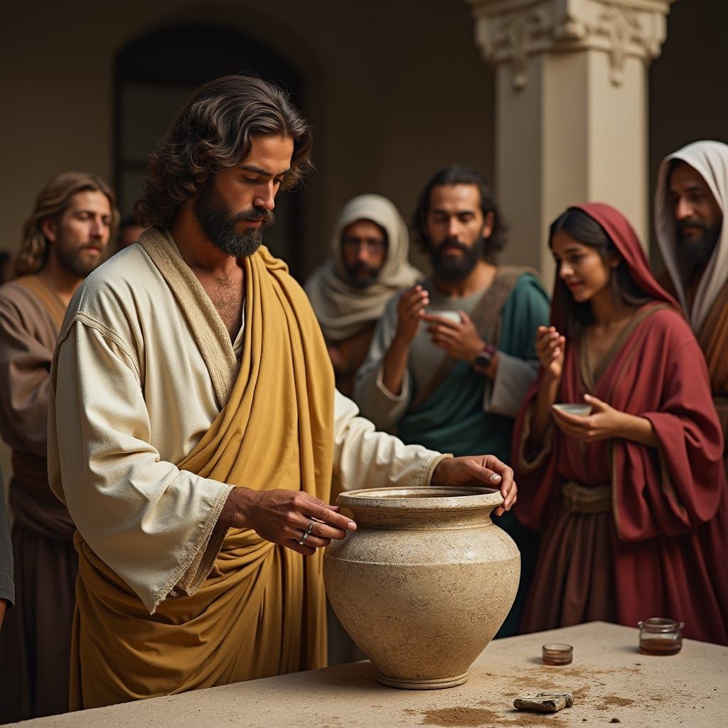 Jesus Performs Miraculous Wine Transformation at Wedding Fea...