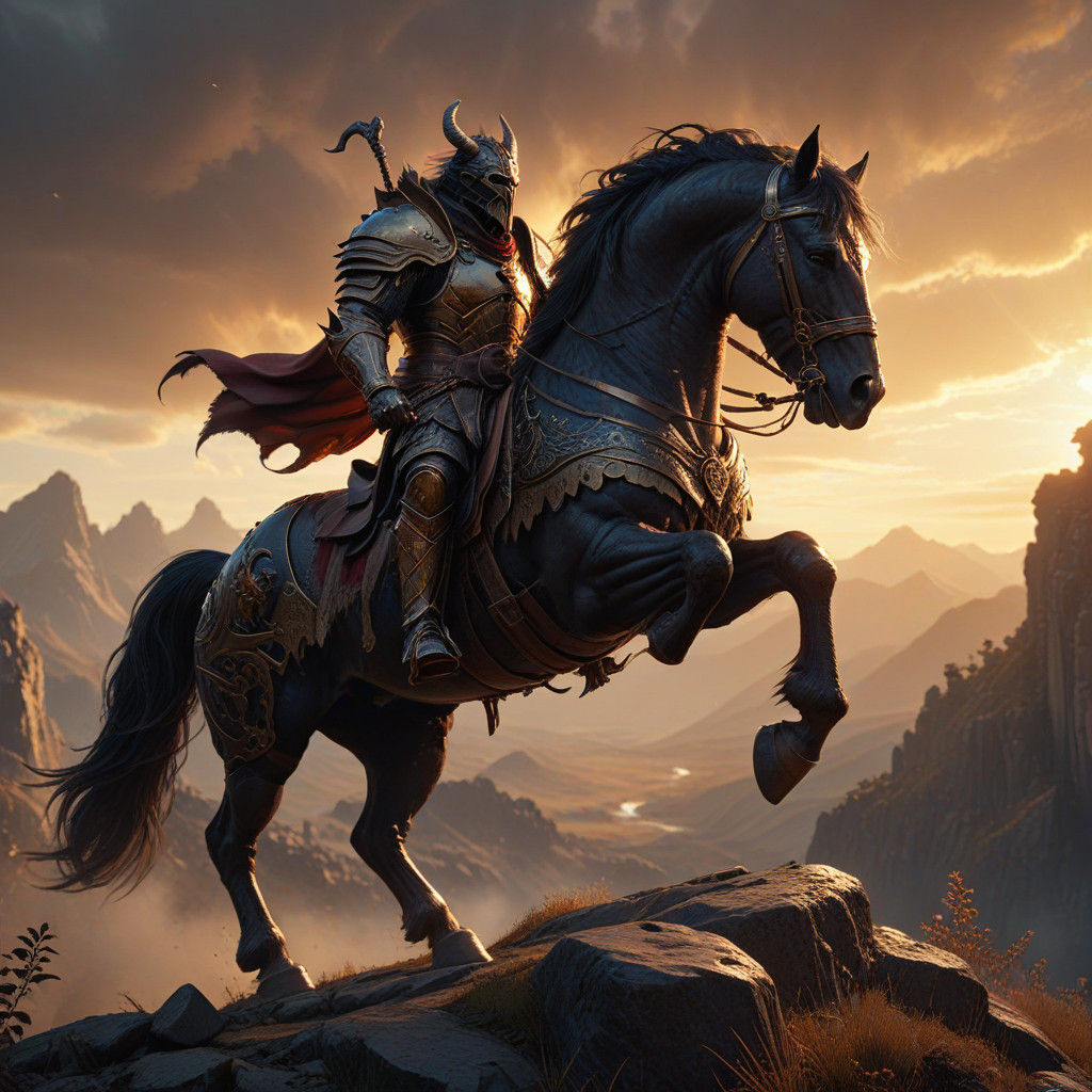 Krampus Knight in Majestic Armor Beside Warhorse in Sunset L...