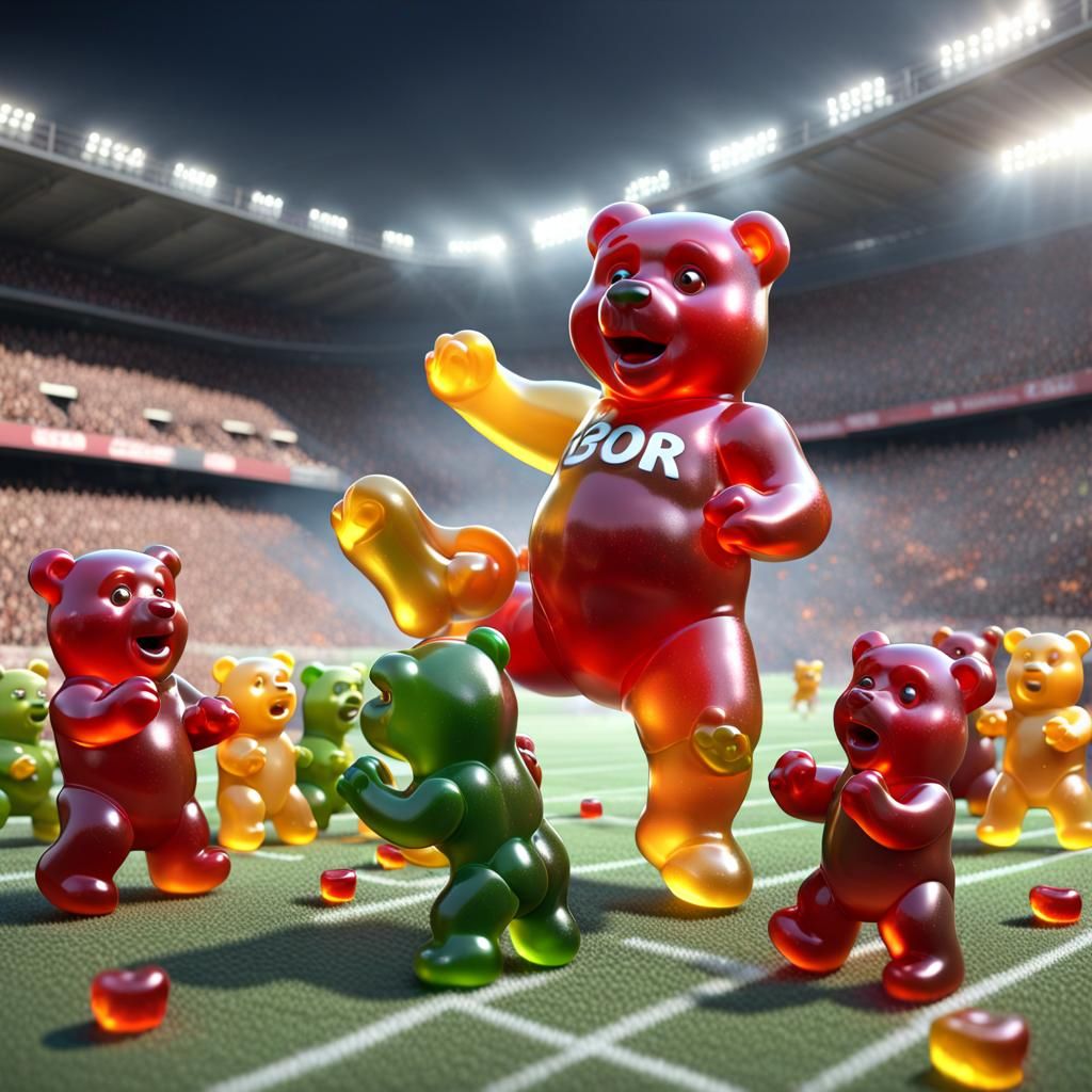 Gummy Bears Play Football in Stadium: 3D Render