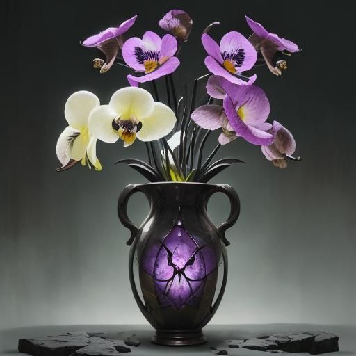 Tusked Black Orchids in Stained Glass Style