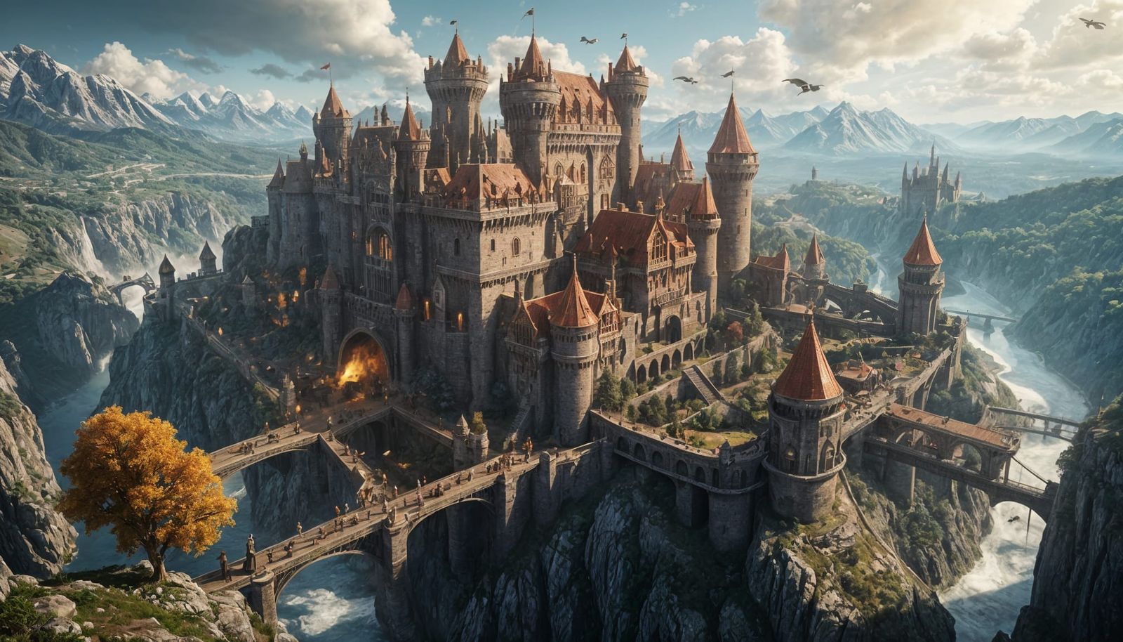Surreal Medieval Castle on a Mountain Top with Dirigibles