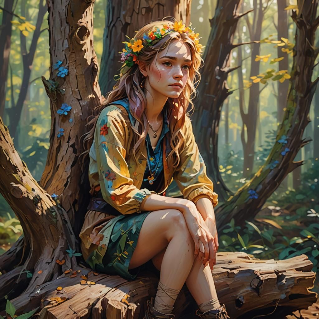 Marygold as Human in Forest, Romantic Digital Art
