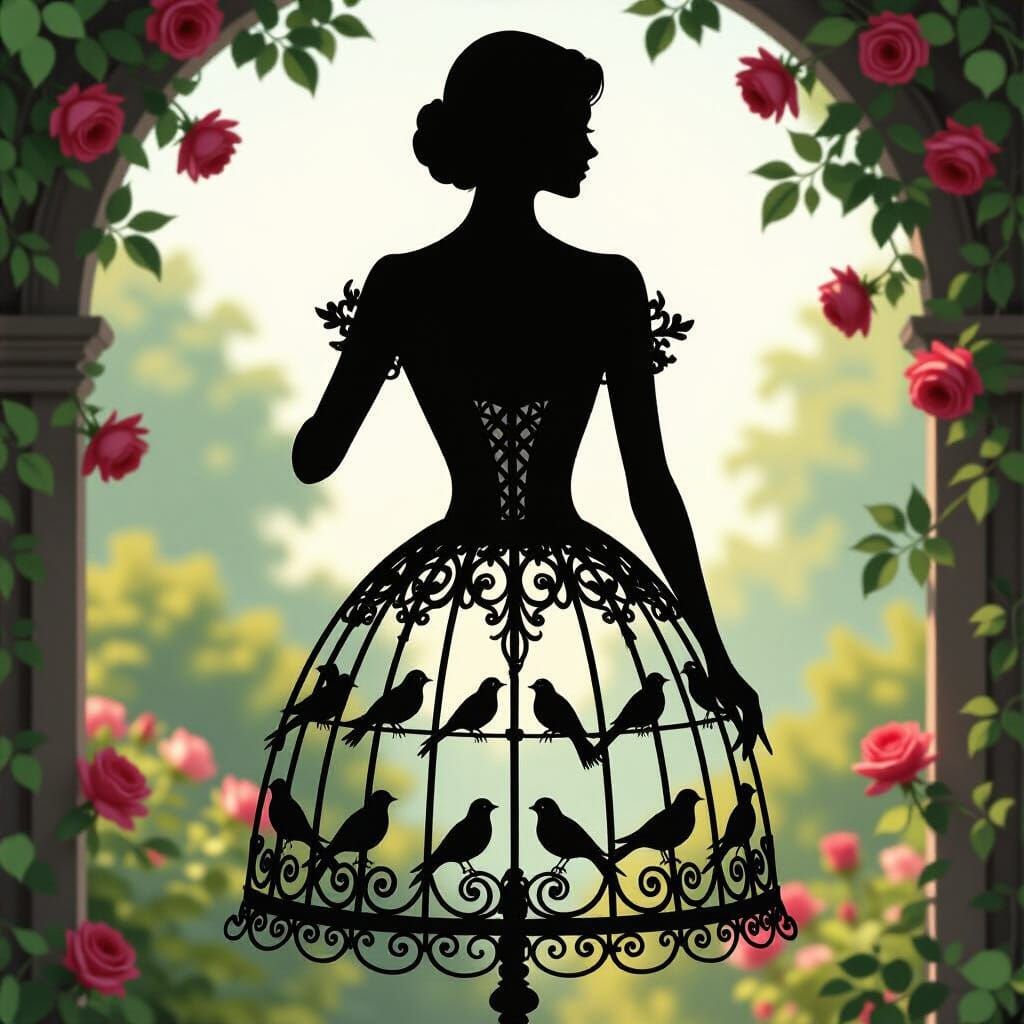 Woman Merging with Birdcage Dress in Garden