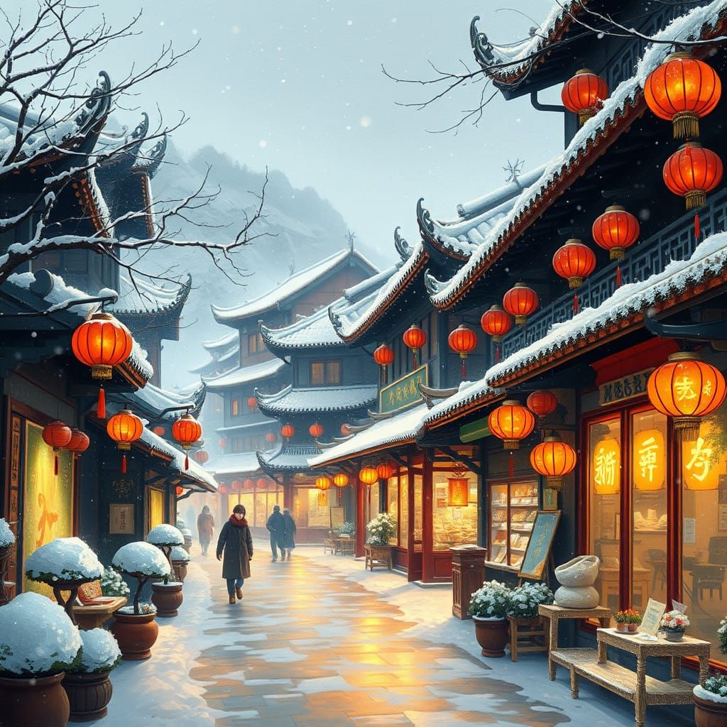 Snowy Chinese Town in Warm Golden Light
