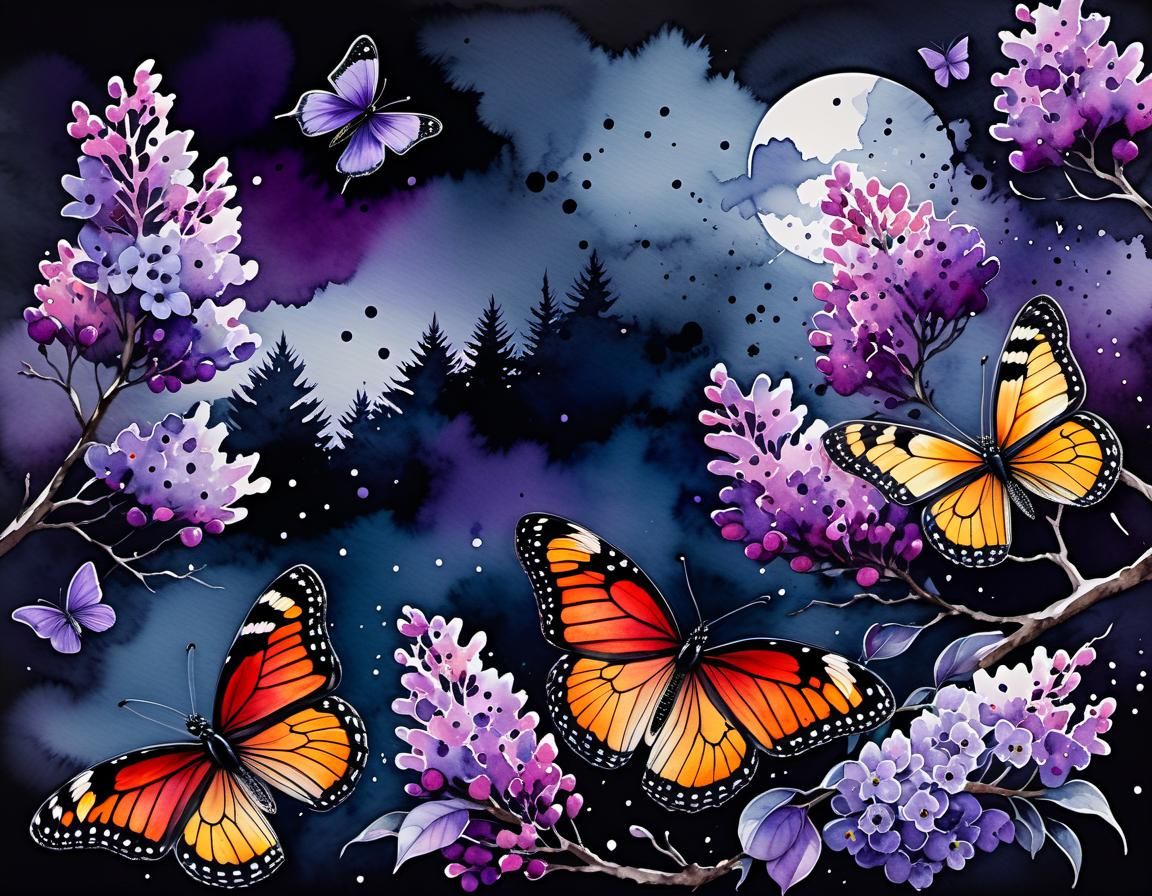 Butterflies and Lilac Tree in Moody Watercolor