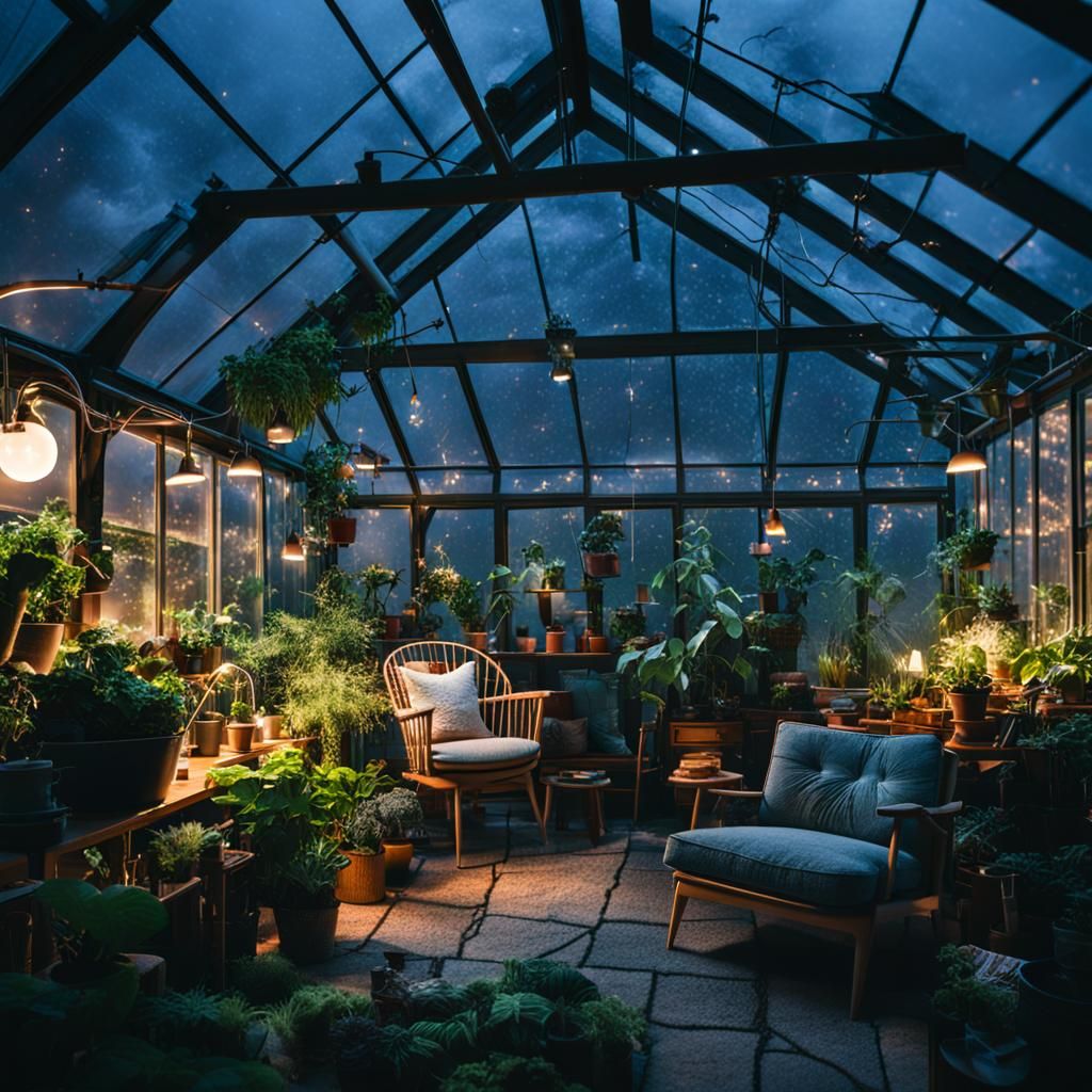 Greenhouse at Night with Lightning
