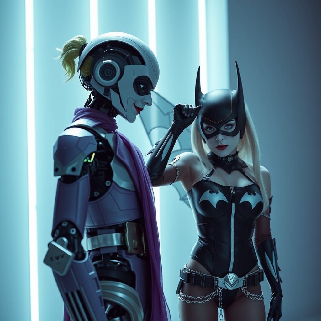 Futuristic Robot Joker, Harley Quinn, and Batgirl