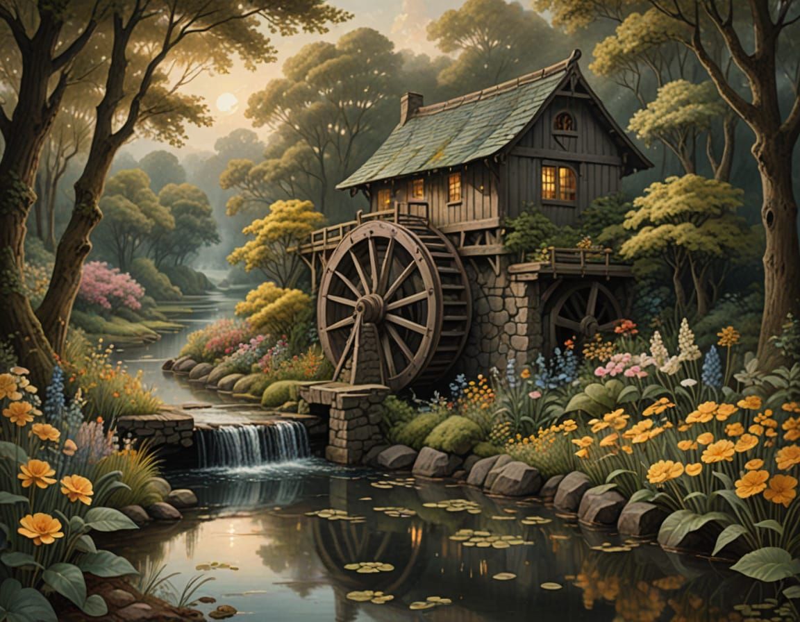 Enchanted Forest Waterwheel in Charcoal Drawing Style