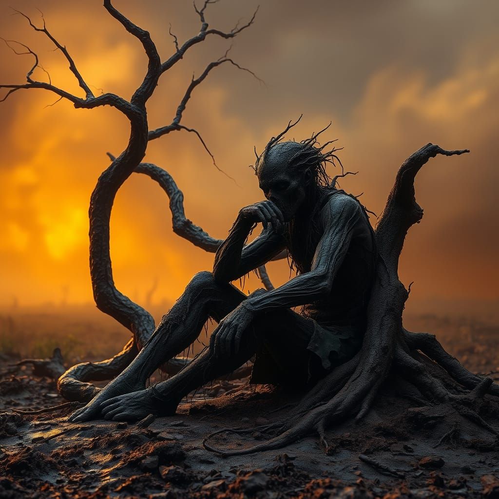 Surreal Horror Scene: A Defeated Figure Amidst a Desolate Ba...