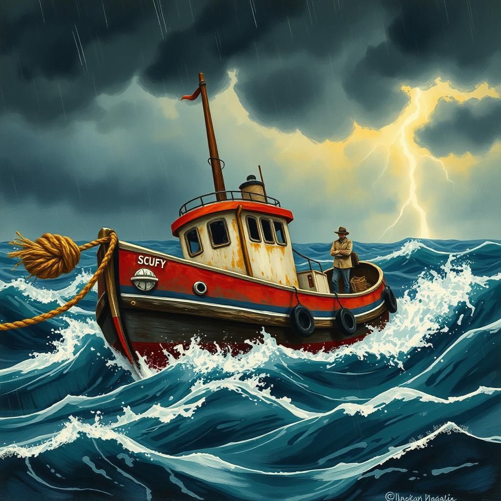 Vintage Tugboat Scuffy in Stormy Seas Illustration