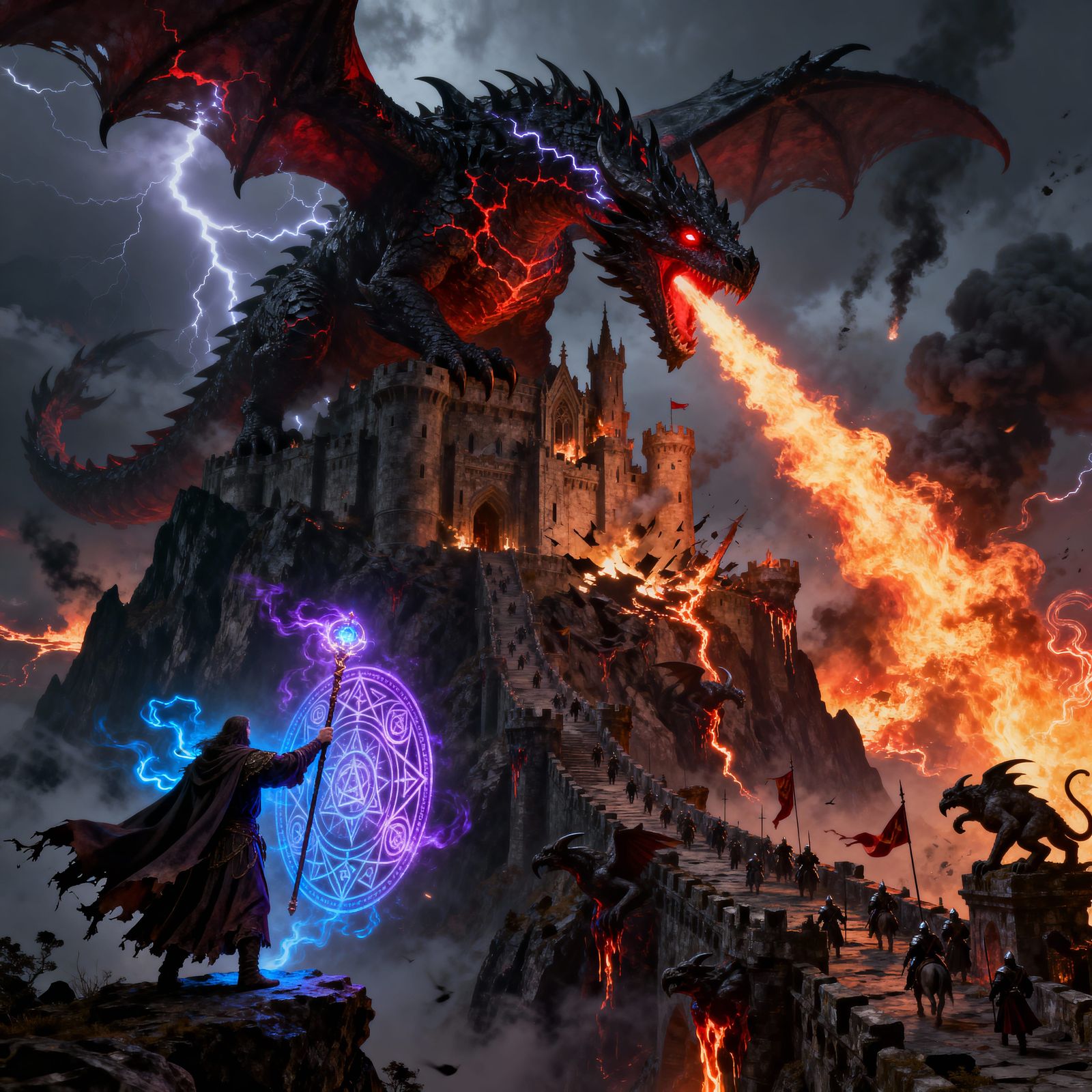 Dragon Attacks Fortress in Dark Fantasy Epic