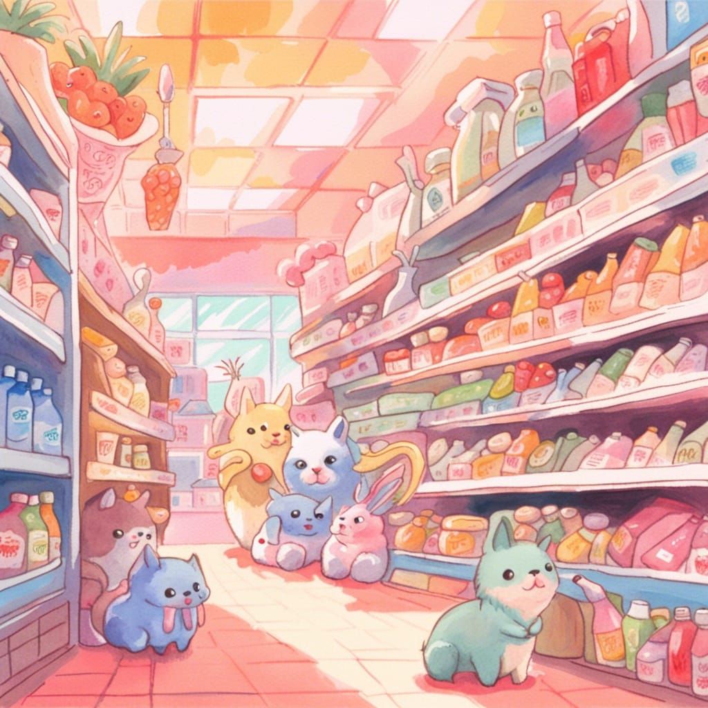 Kawaii Animal Supermarket in Gouache Watercolor Style
