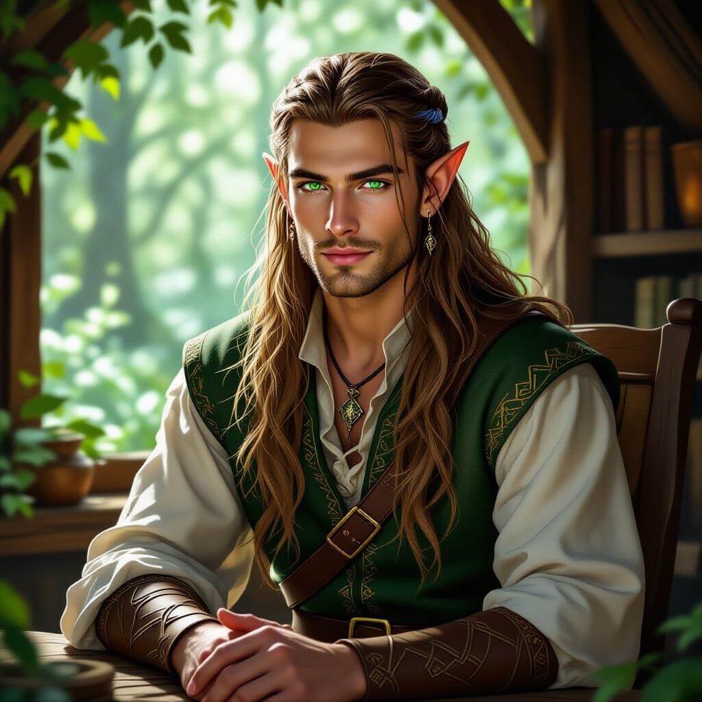 Handsome Elf with Emerald Eyes in Forest Cottage