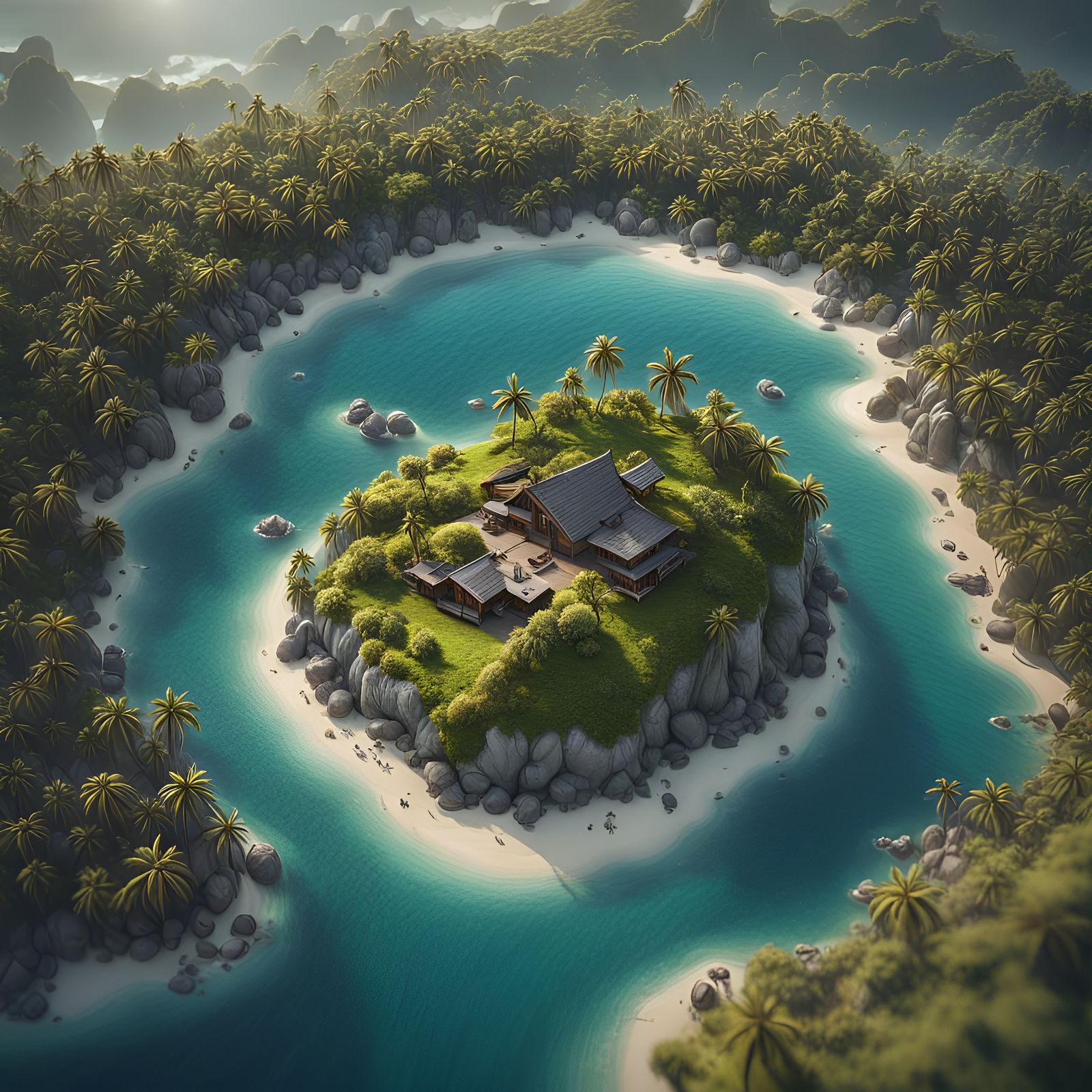 Tropical Island Paradise Illustration in Chaotic Setting