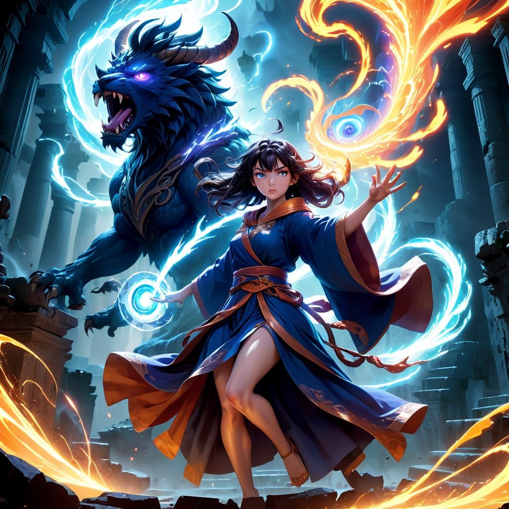 Anime Sorceress Battles Monstrous Beast in Ruins