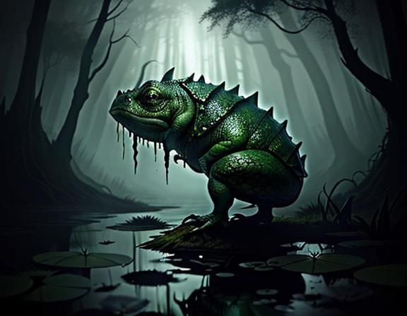 Bullywug in Murky Swamp: a Dark Fantasy Illustration
