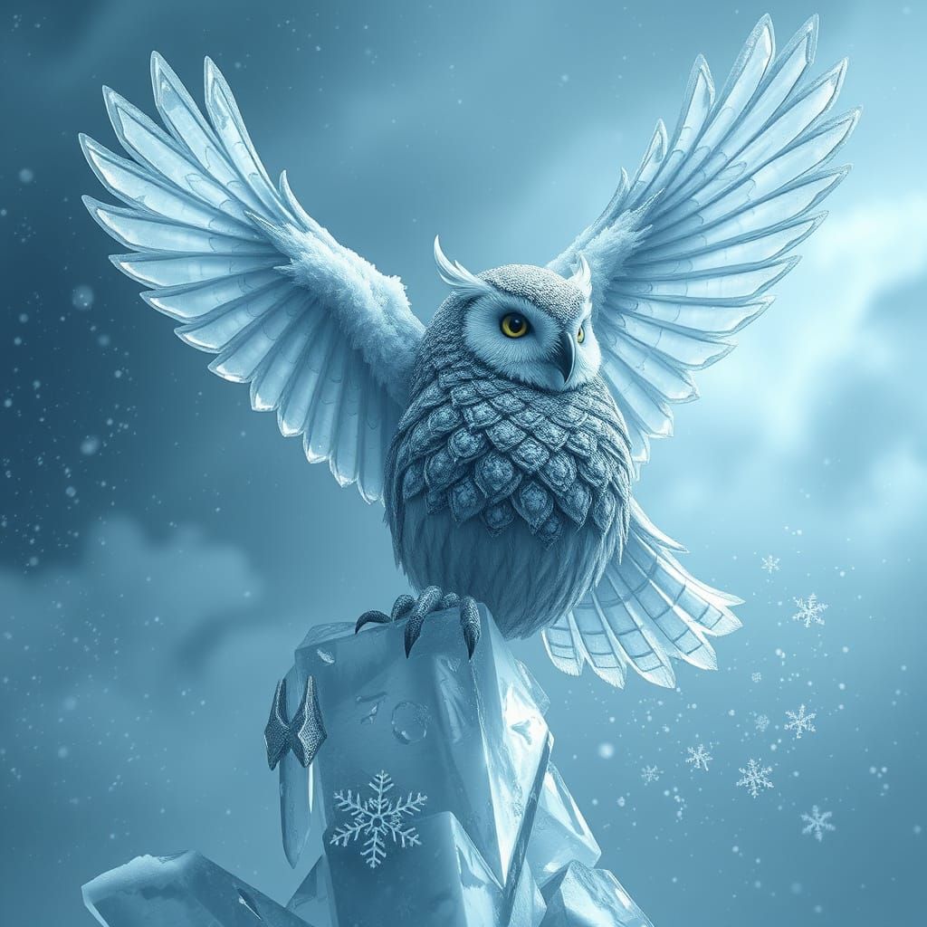 Icy Owl Soaring Through Stormy Sky