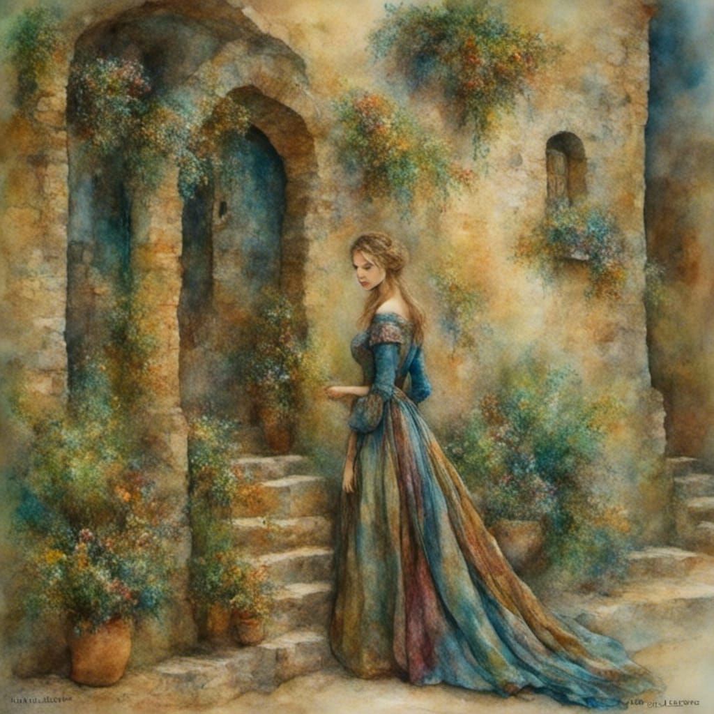 Woman in Medieval Gown with Flowery Aesthetic