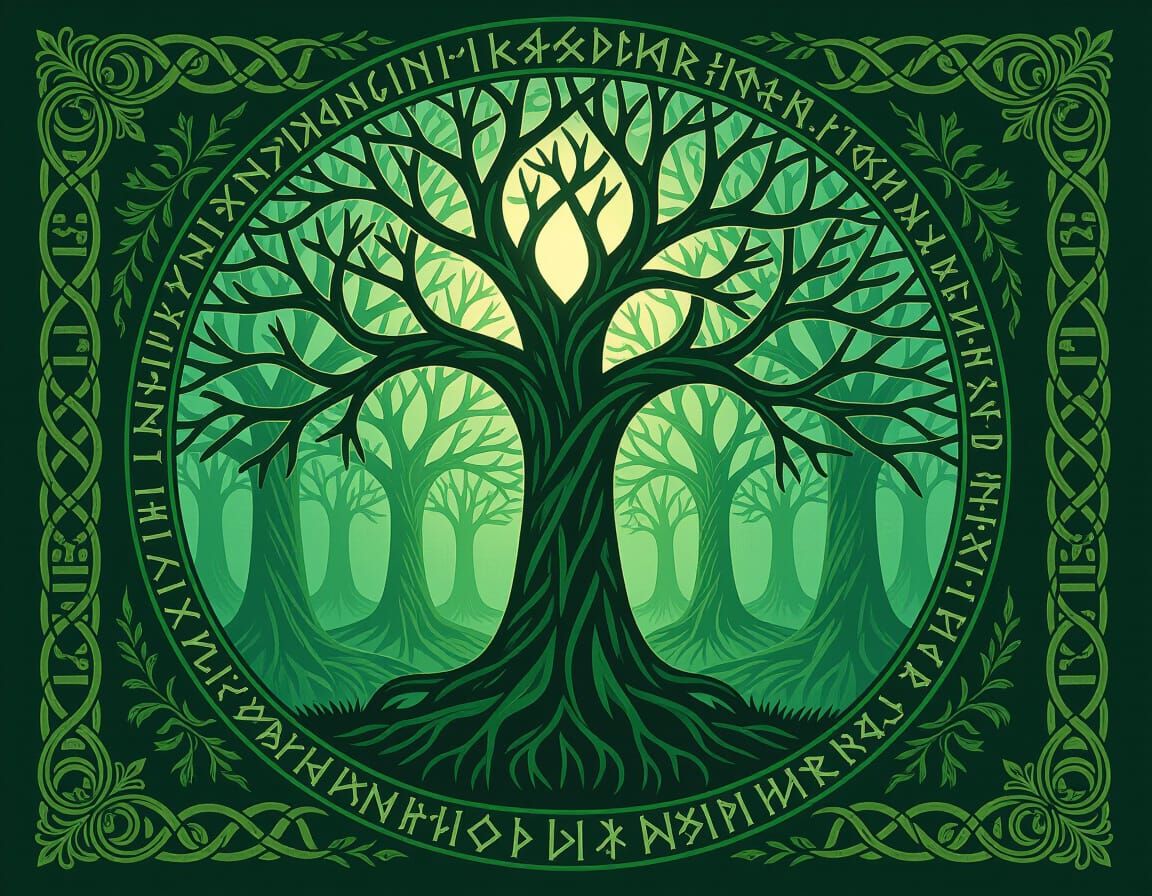 Mystical Forest Flag with Ancient Runes