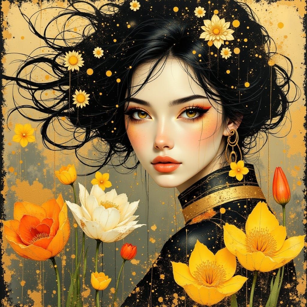 Chinese Woman in Amsterdam Flower Market, Art Deco Style