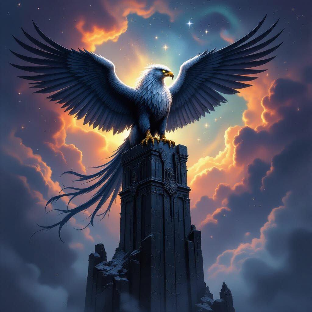 Majestic Griffin on Obsidian Tower Amidst Nebula